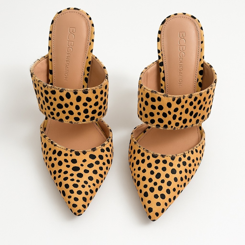 🌟 BCBGeneration Cheetah Print Calf Hair Mules – Size 7